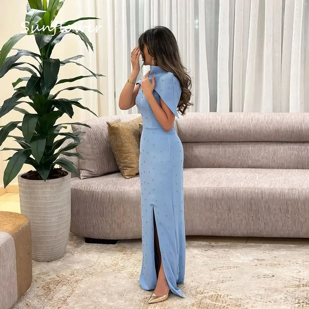 

Sunflower Customized Dubai Blue Crepe Evening Dress Short Sleeves with Beadings Ankle-Length Formal Occasion Dress