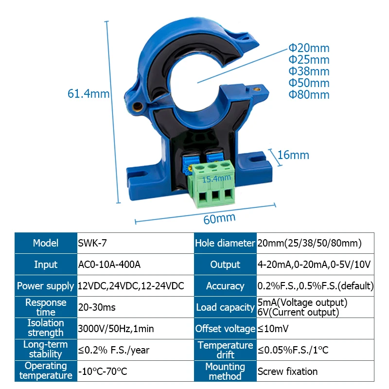 Hall Current Transmitter AC0-10A-500A Current Transformer 4-20mA 0-20mA 0-5V 10V Output Open-Close Perforate Current Transmitter