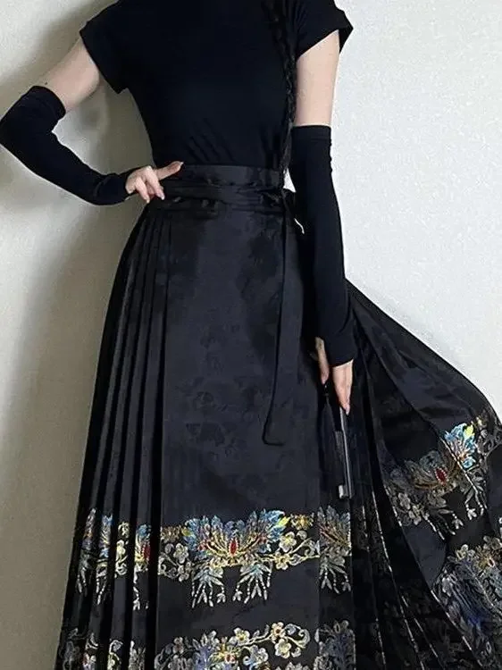 

Chinese Style Traditional Pleated Skirt For Women Black Mamianqun Hanfu Thin Fashion All-match DIY Lace-up Long Skirts Womenwear