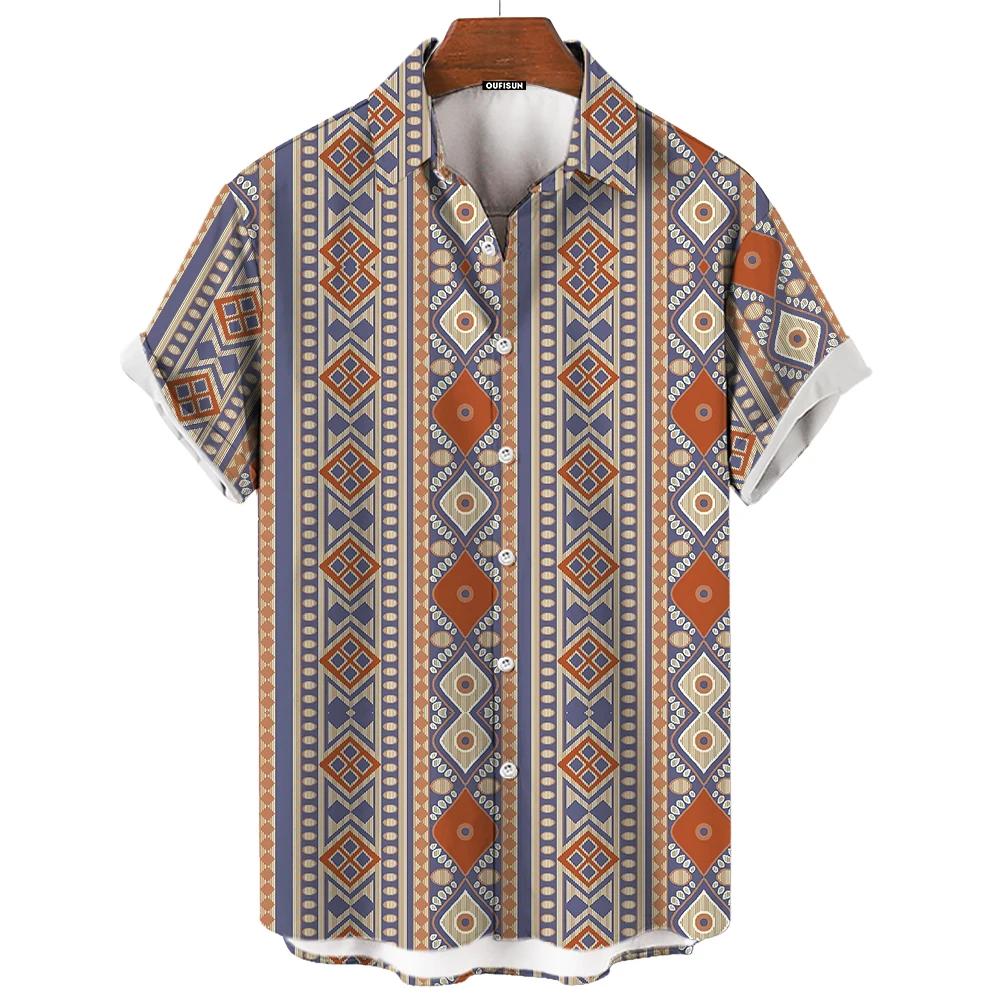 Chemise hawaïenne à manches courtes pour hommes avec motif rayé, chemisier à boutons vintage, vêtements d'été à la mode