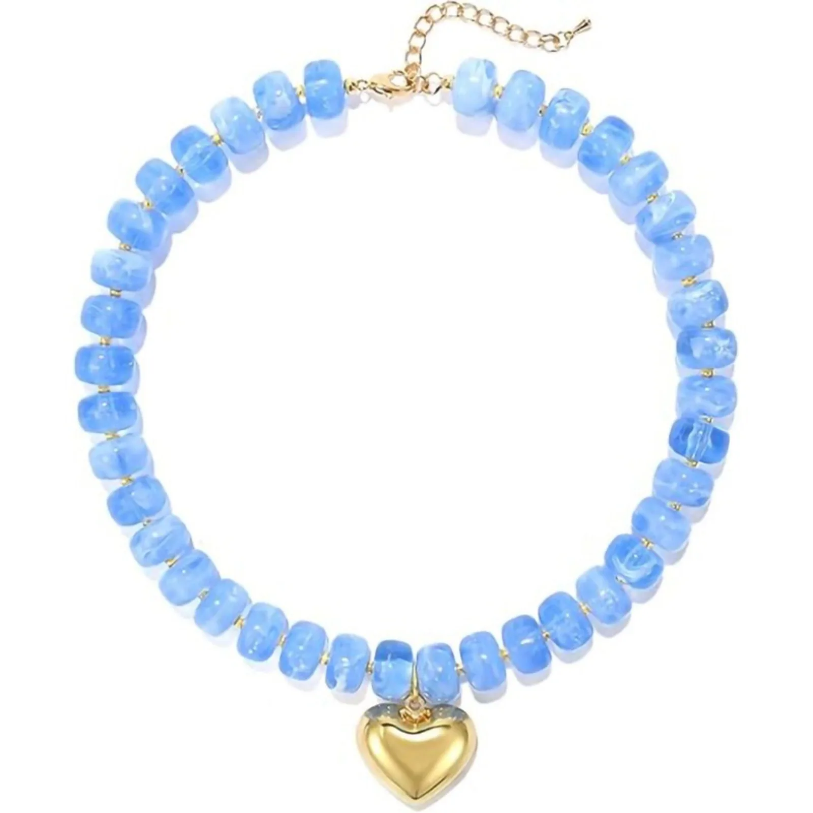 1pc Ethnic Bohemian Style Stainless Steel Necklace Resin Multicolor Beaded Chains Heart Pendant Necklace Women Choker Jewelry