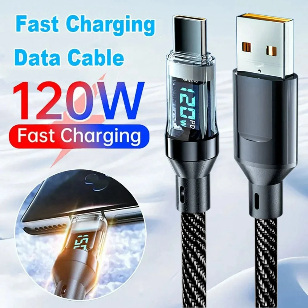 6A Fast Charging Cable PD 120W USB to Type C Charging Nylon Data Cord For iPhone POCO Samsung With LED Digital Display USB Cable