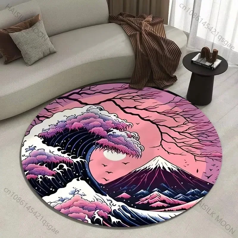 VIKAMA Retro Japanese Style Circular Carpet Ocean Wave Red Sun Fuji Pattern Anti Slip Rug Home Sofa Chair Floor Decor Mat