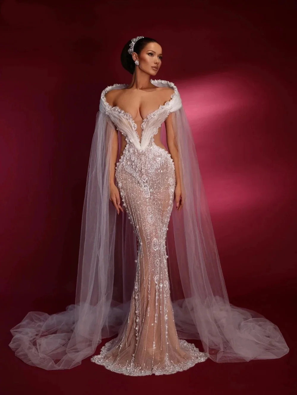 絶妙なディープ V ネックマーメイドウェディングドレスファッションノースリーブクリスタルブライダルドレスフロアレングススパンコール花嫁ドレスカスタマイズ