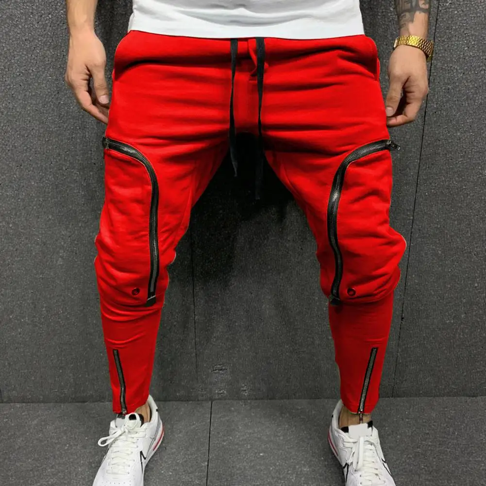 Men Pants Jogger Solid Color Drawstring Casual Multi Zippers Pockets Trousers Casual Sporty Sweatpants Elastic Waist Pants