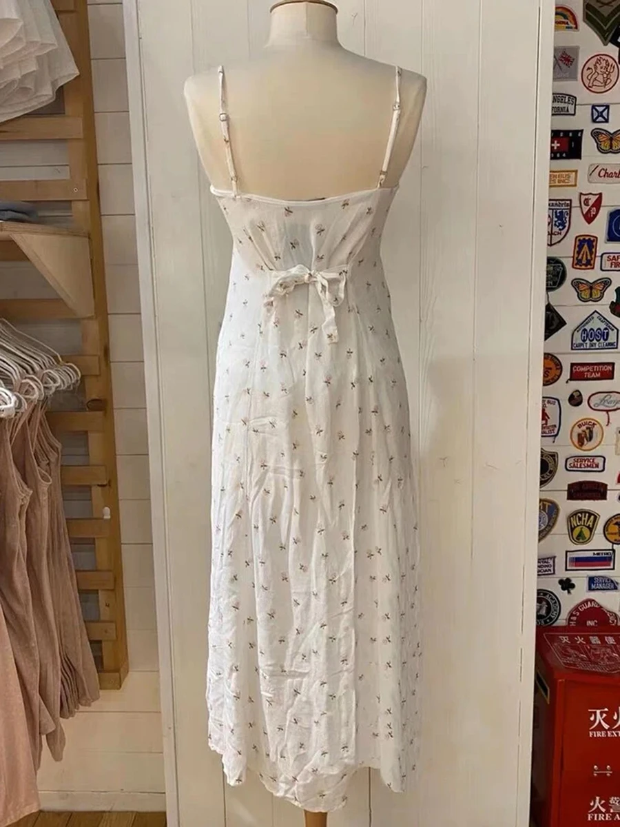 Dulce estampado Floral Sexy espalda descubierta Camis vestido de mujer de verano de gasa de cintura alta sin mangas Vestidos largos Vintage lindo Y2K Vestidos