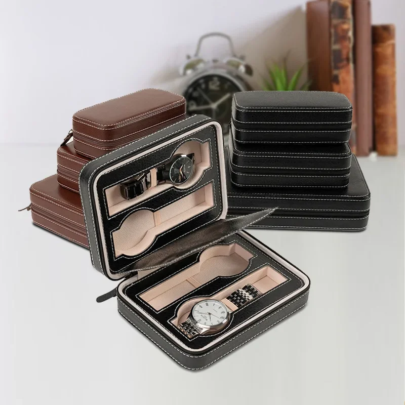 2/4/8 Slots Dustproof Embedded Watch Box Zipper Portable Watch Box PU Leather Storage Case Watch Display Box for Trips and Gifts