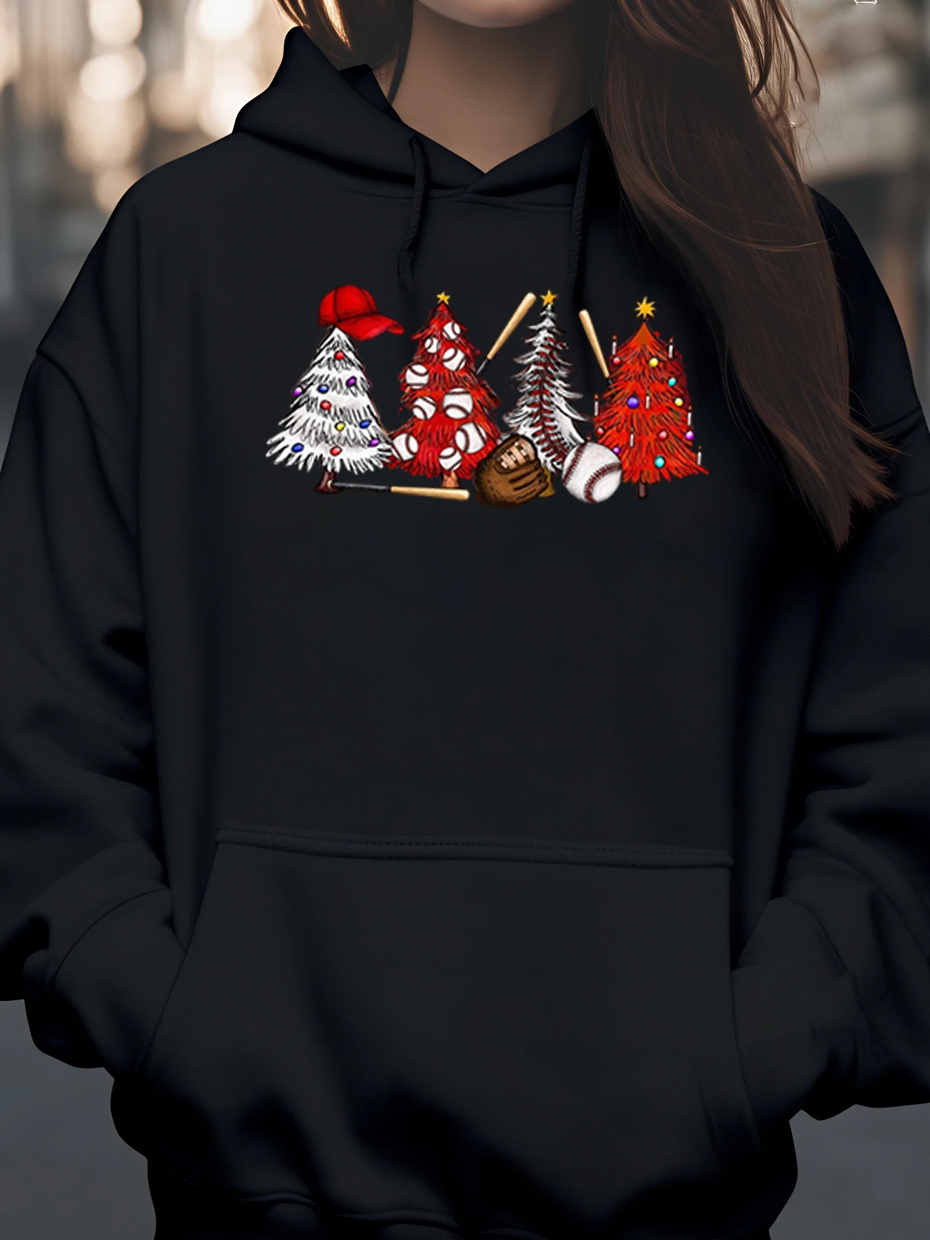

Толстовка с капюшоном с бейсбольным принтом «Рождественская елка», праздничная повседневная одежда унисекс