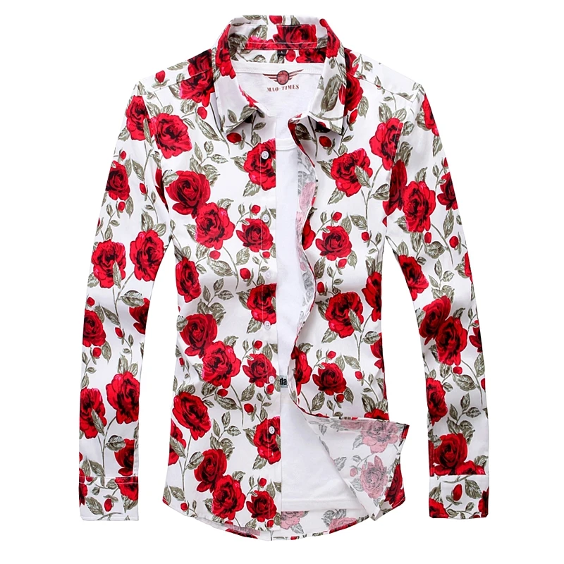 Black Background Color Red Rose Printed Cotton Shirt, Men\'s Square Collar Long Sleeve Shirts White Fashion Tops Camisa / Chemise