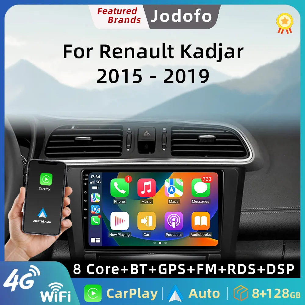 

Автомагнитола Jodofo для Renault Kadjar 2015-2019, мультимедийный видеоплеер с навигацией, GPS, аудио, Carplay, Wi-Fi, 2 Din, BT, DSP, без DVD