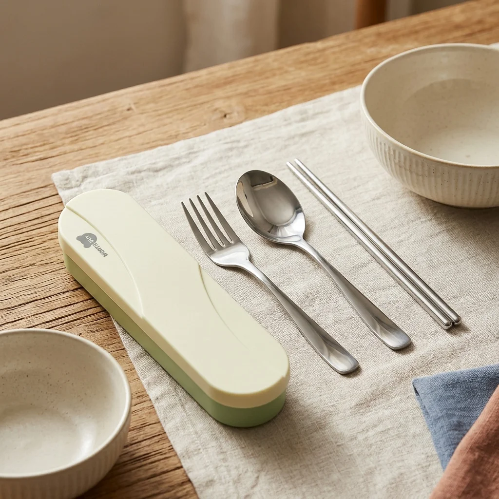 Portable Cutlery Set Stainless Steel Utensils Forks and Spoons Chopsticks Travel Camping Flatware Holder Case for School Kids view 2