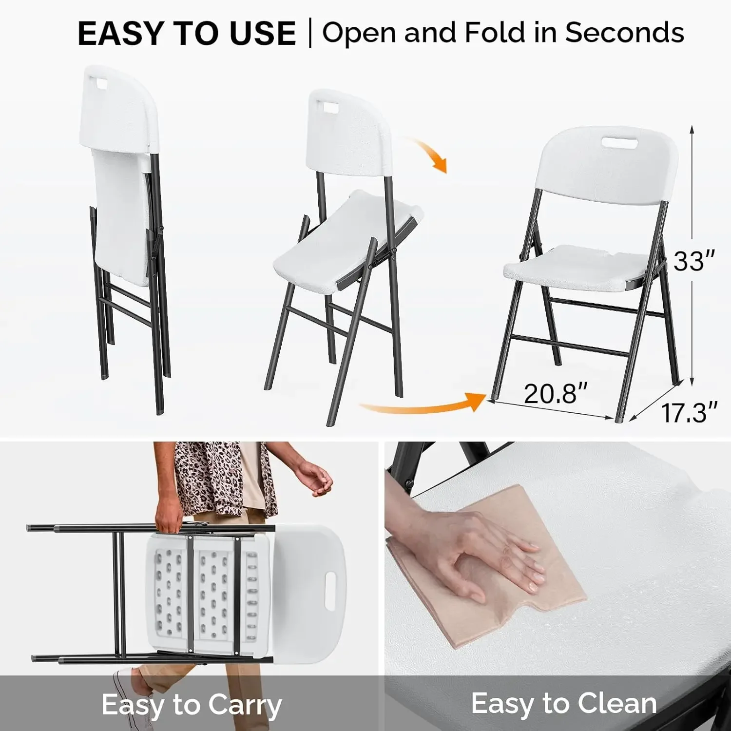 [الأسهم المحدودة! ] كراسي قابلة للطي، كرسي قابل للطي عالي التحمل، مقعد بلاستيكي HDPE محمول مع إطار فولاذي لتناول الطعام في الأماكن المغلقة والخارجية