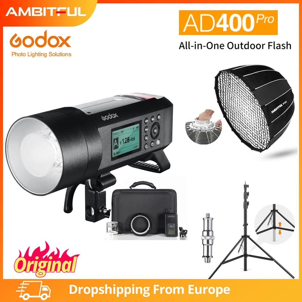 Godox AD400Pro AD400 Pro TTL HSS WITSTRO All-in-One Outdoor Flash + 2.8m Air Cushioned Light Stand + 90CM Deep Parabolic Softbox