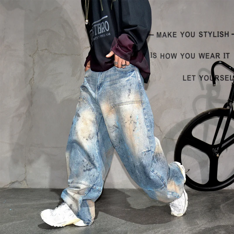

Men's Vintage Vibe Distressed Dirty Wash Wide Leg Curved Jeans Streetwear Hiphop Style Baggy Floor-Length Denim Pants