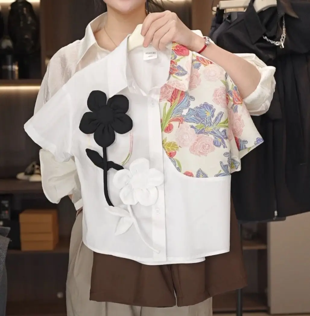 

Spring and Autumn Children's Shirt Fashion Boys and Girls' Design Sense Flower Loose Printed Short Sleeve Casual Shirt