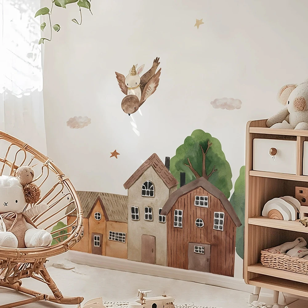 Tkanina Cartoon Forest Vintage Town Wall PVC Moon Bunny Naklejka DIY Pokój dziecięcy Dekoracja ścienna do sypialni Pokój dzienny