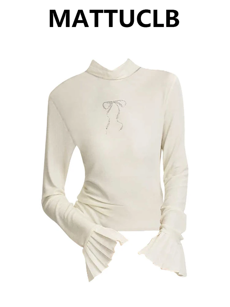 

Autumn Winter Women's Top Long Flare Sleeve Design Turtleneck T-Shirts Shoujo Korean Fashion Y2k Tees 2000s High Street Tide