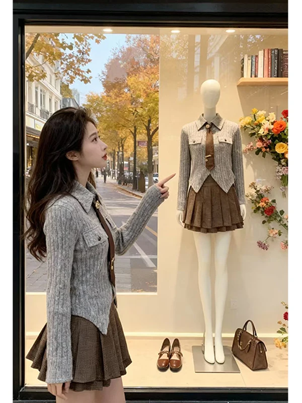 

Осень-зима вязаный длинный открытый кардиган све с высокой талией плиссированная юбка комплект антивозрастной утягивающий комплект из двух предметов для женщин