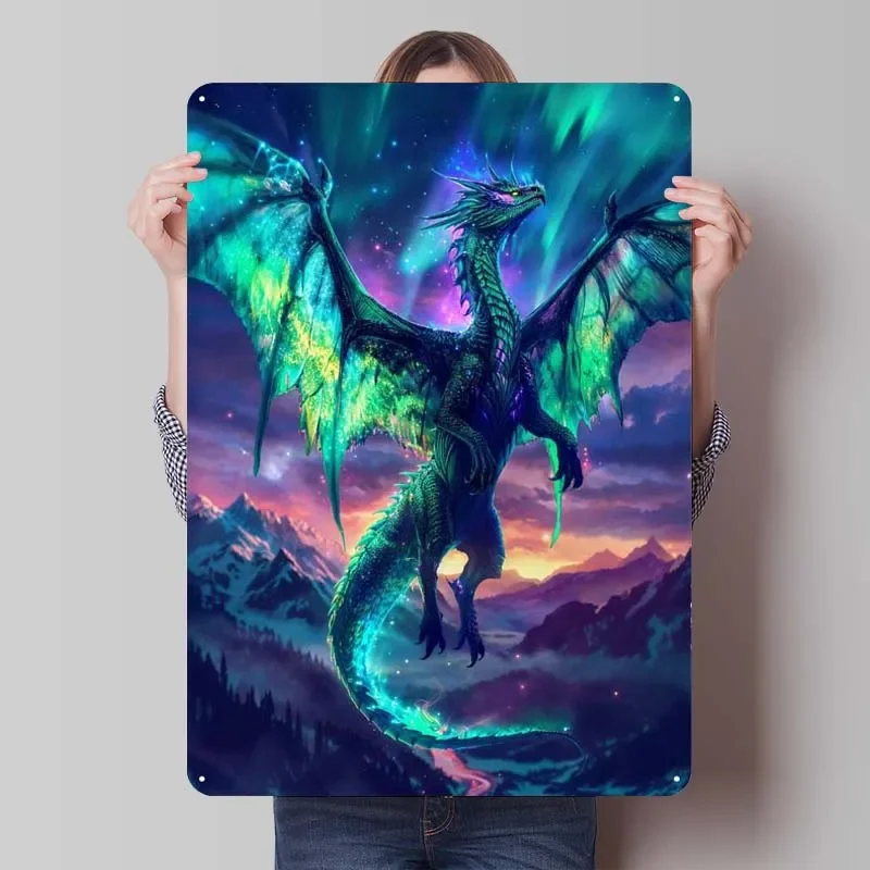 Tinplate Sign Wall Art Decor Aurora Seraphim Dragon Fantasy Poster Retro Metal Sign Plaques for Gamer Room Decoration Man Cave