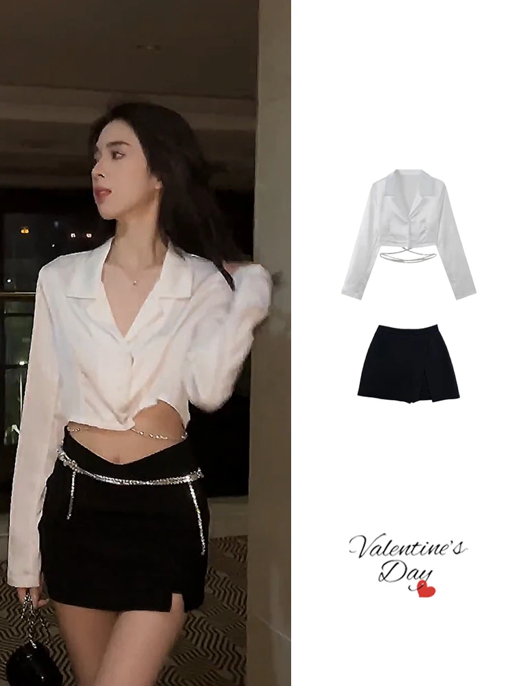 

Sexy Chic White Chain Detail Long Sleeve Crop Top Women's Shirt Summer Pure Desire Street Style Belly Baring Versatile Short ...