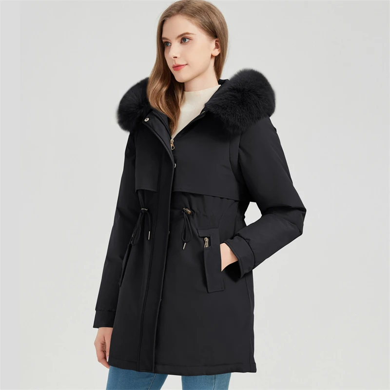 

2025 New Mid Length Parka Coats Inside Added Velvet Women's Cotton Clothing Active Sleeves Slim Waist Tether Thick Fleece Jacket