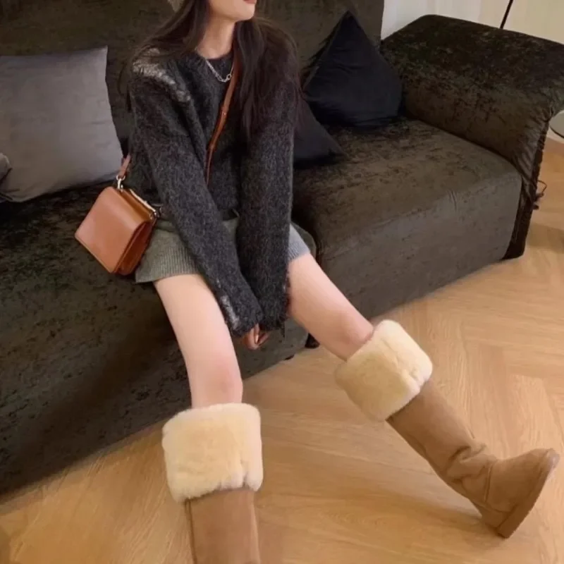 Winter women\'s boots over the knee long boots, super high tube sheepskin integrated snow boots, winter outdoor insulation