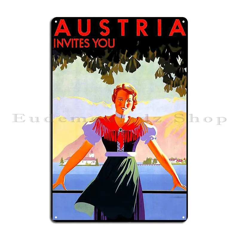 Austria Invites You Vintage Travel Poster Metal Plaque Garage Vintage Cinema Cinema Designer Tin Sign Poster