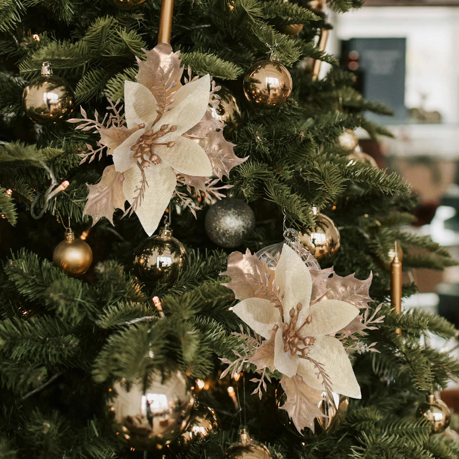 

6Pcs Artificial Poinsettia Flowers Clips Christmas Glitter Flower Ornaments Xmas Tree Decorations Wedding Party