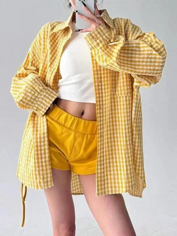 เสื้อเชิ้ตแขนยาวสไตล์วินเทจเกาหลี ลายสก็อตสีเหลือง น้ำเงิน แดง ติดกระดุมแถวเดียว สำหรับผู้หญิง แฟชั่นฤดูใบไม้ผลิและฤดูใบไม้ร่วง