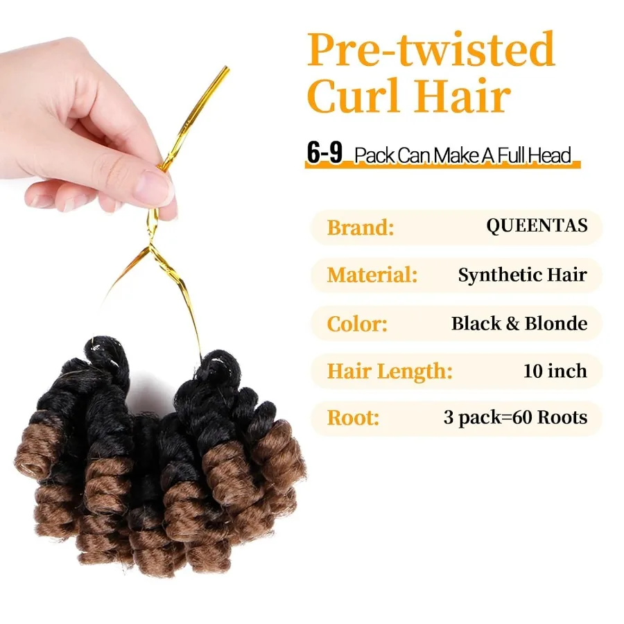 QUEENTAS 3 Packungen 10 Zoll kurzes Häkelhaar für schwarze Frauen mit 6 mm kleinem Zauberstab, spiralförmige Locken, blonde lockige Verlängerung, synthetische Ja