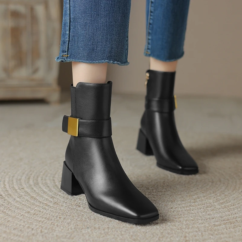 

Women's new leather cowhide square toe, thick heel, high heels, metal accessories, belt buckle, side zipper, and calf short boot
