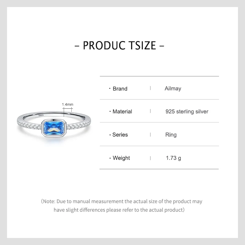 Ailmay Real 925 Sterling Silver Luxury Romantic Rectangle Blue Clean CZ Ring For Women Trendy Wedding Accessories Jewelry Gifts