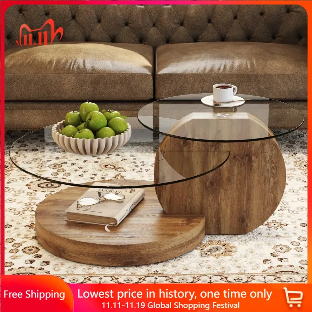 Glass Coffee Table, 3-Tier Circle Coffee Tables with Storage Side Table