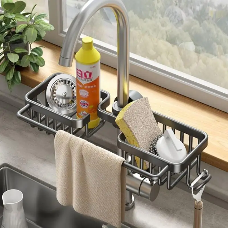 【HMA】Kitchen Space Aluminum Sink Drain Rack Soap Sponge Towels Storage Faucet Holder Organizer Accessories