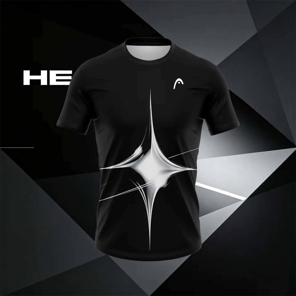 HEAD Men's Tennis T-Shirt Black White Star Print Short Sleeve Sports Tee Athletic Training Top Casual Gym Wear