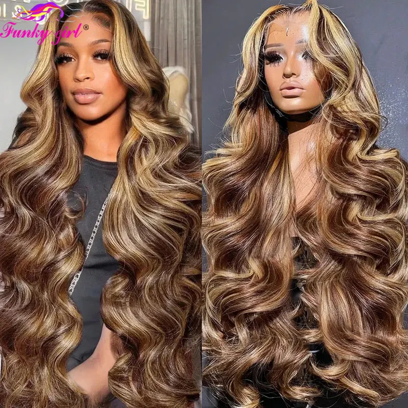

Highlight Ombre 13x4 Lace Front Body Wave Wigs Human Hair 4/27 Transparent Full Frontal Wig Pre Plucked Brazilian Highlight Wigs