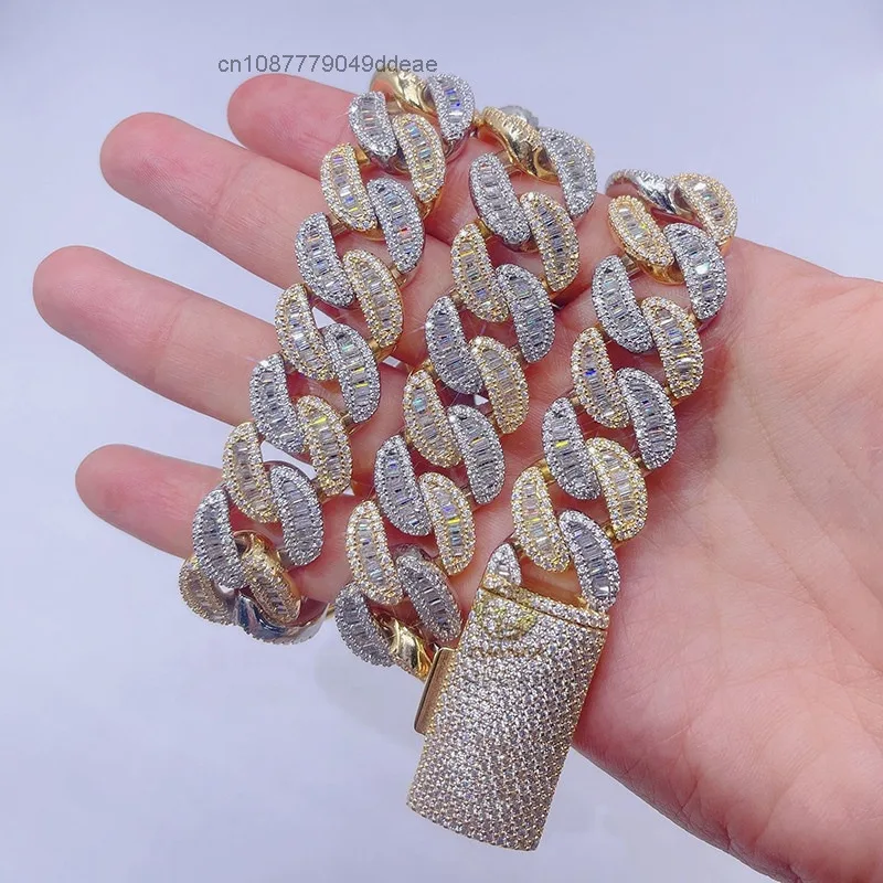 

Yellow Gold 2 Tone Plated Over Sterling Silver 18mm baguette Moissanite Hip Hop Cuban Link Chain Iced Out Chains