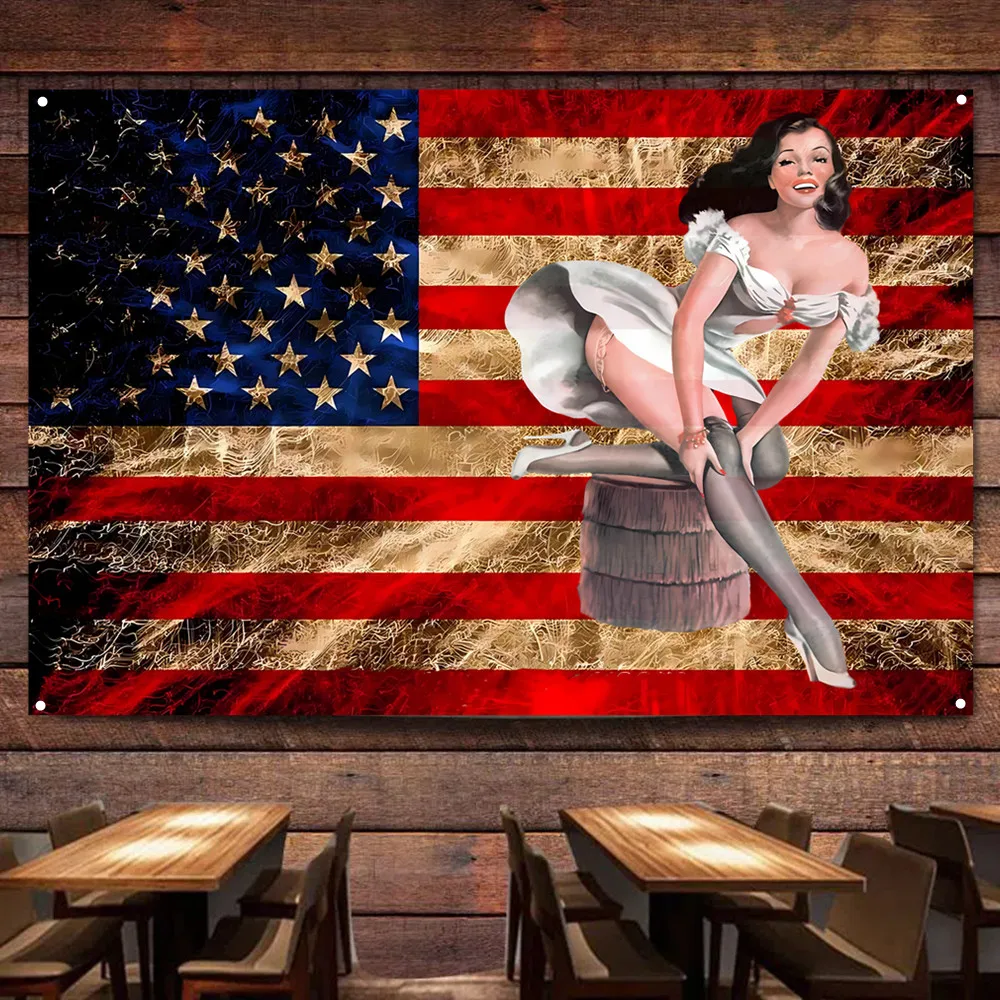 Nostalgic Vintage American Flag Pin Up Girl Art Posters & Prints Tapestry Wall Hanging Banner Bar Cafe Man Cave Home Decor B2