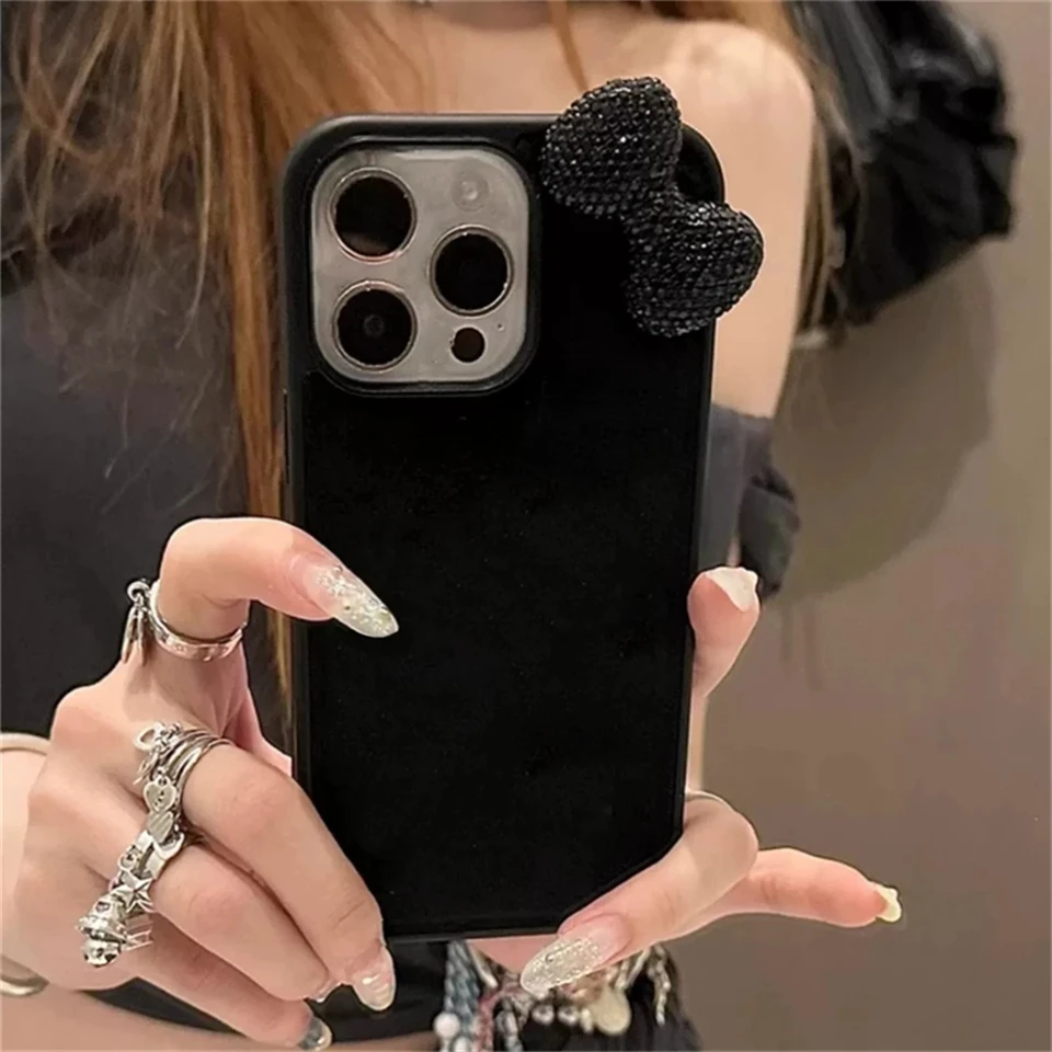 Funda brillante con lazo 3D y diamantes para iPhone 16 15 13 12 11 Pro Max 15 Plus 13 Mini X XR XS 7 8 SE2, estilo coreano, suave y linda 3