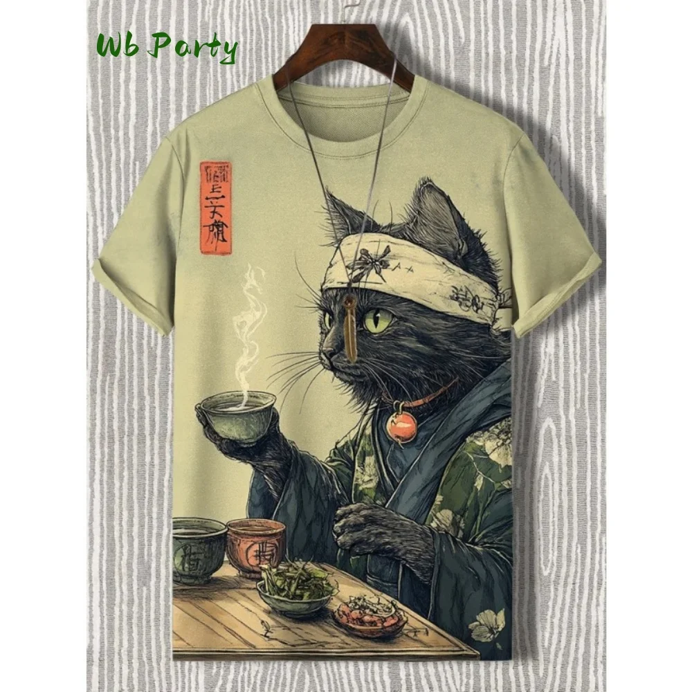 Cute Cat Men's T-Shirt Fun Animal Print Men Top Trendy Fashion Round Neck Men's Short Sleeve Tee Trendy 3D Print Men's Clothing
