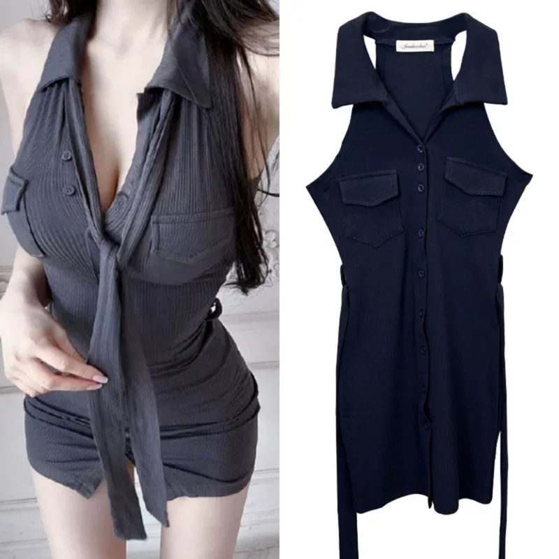 

Korean Knitted Dresses Hip Hugging Skirt Women Y2K Dongdaemun Sexy Sleeveless Lace Up Single Breasted A-line High Waist Dresses