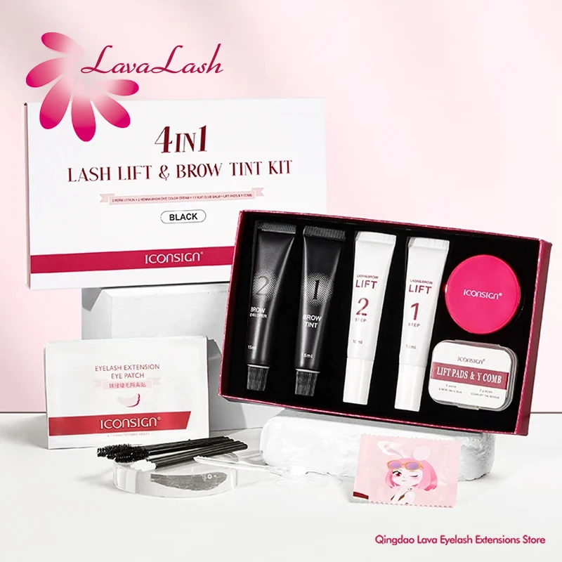 ICONSIGN 4 IN1 ชุด Lash Lift และ Tint Kit Eyelash Lifting Brow Tint Dye เครื่องมือแต่งหน้าตา Patch กาวบาล์มกาแฟสีดํา