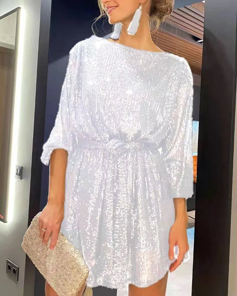 Sparkly Puff Long Sleeve Party Dress with Belt for Women Glitter Beaded Mini Dress Loose Wedding Bridesmaid Ladies Short Dresses