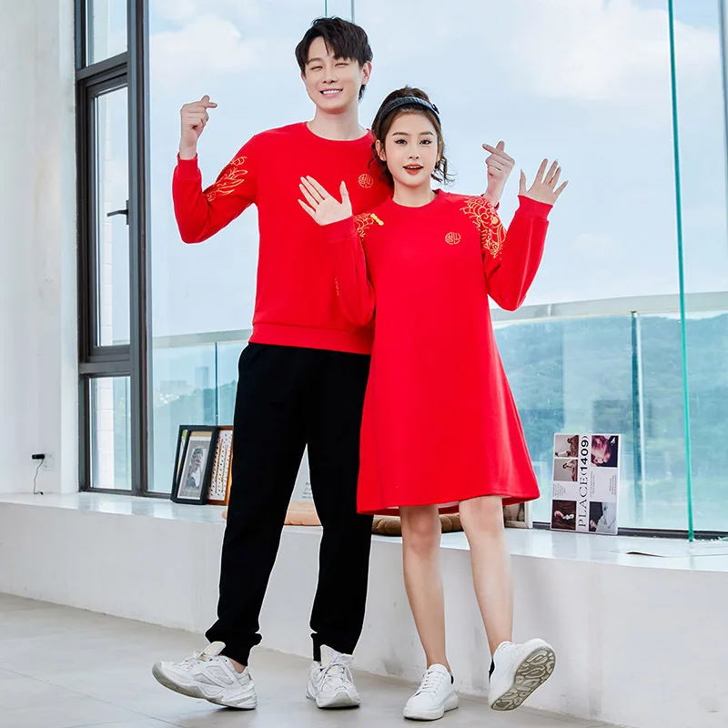1-12 Years Girl Boy Brother Sister S-3XL Mom Dad Family Matching Outfits 2025 Chinese New Year Plus Velvet Red Sweatshirt Dress
