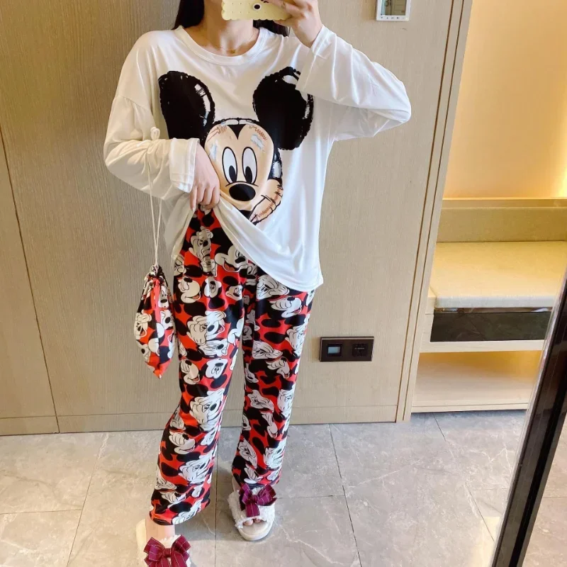 Disney Mickey Mouse pajamas autumn new pure cotton long-sleeved trousers silk pajamas women\'s cartoon loungewear pajamas set