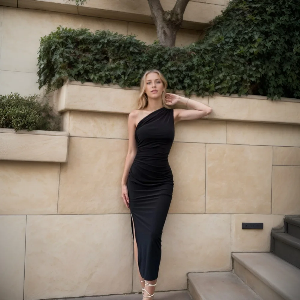 Women Elegant Celebrity Style Dress Spring Summer Asymmetric Neck Banquet Long Gown