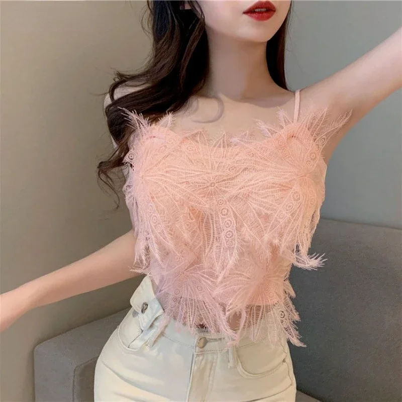 女性用フェザー付きクロップトップ、エステティックサマーキャミ、セクシーヴィンテージレディストリートウェア、インナーファッションウェア、カジュアルデイリートップス、y2k,2023
