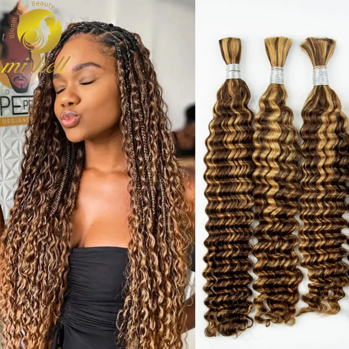 28inch Highlight Ombre Deep Wave Human Hair Bulk For Boho Braids Knotless Box Braid 100% Virgin Hair Bulk No Weft Hair Extension