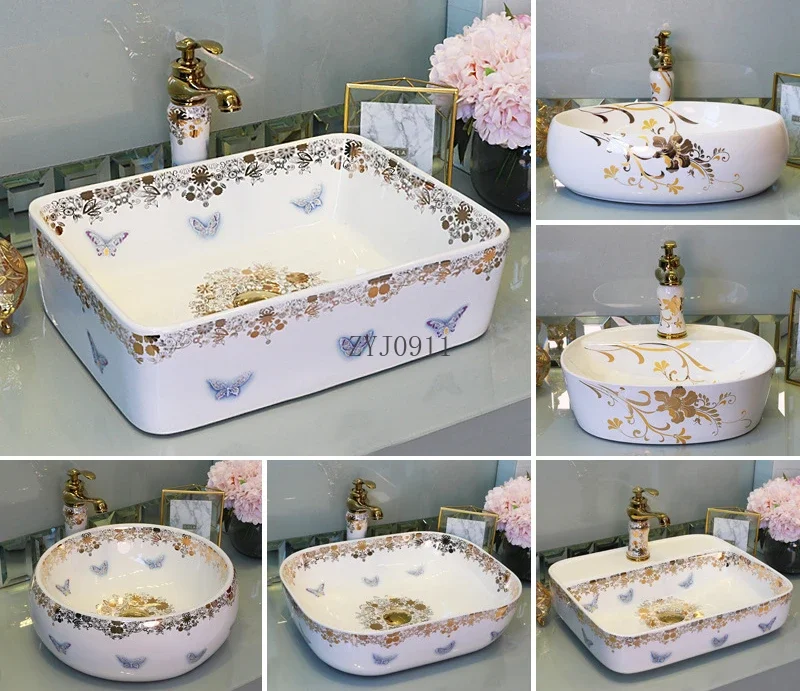 Diamond Butterfly Style Table Basin Jingdezhen Art Ceramic Basin Square Round Oval European Style Washbasin