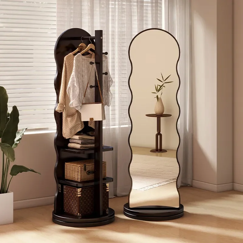 for Wave Rotating Full Body Mirror Floor Standing Large Integrated Full Length Mirror with Coat Rack for Home Bedroom Fitting